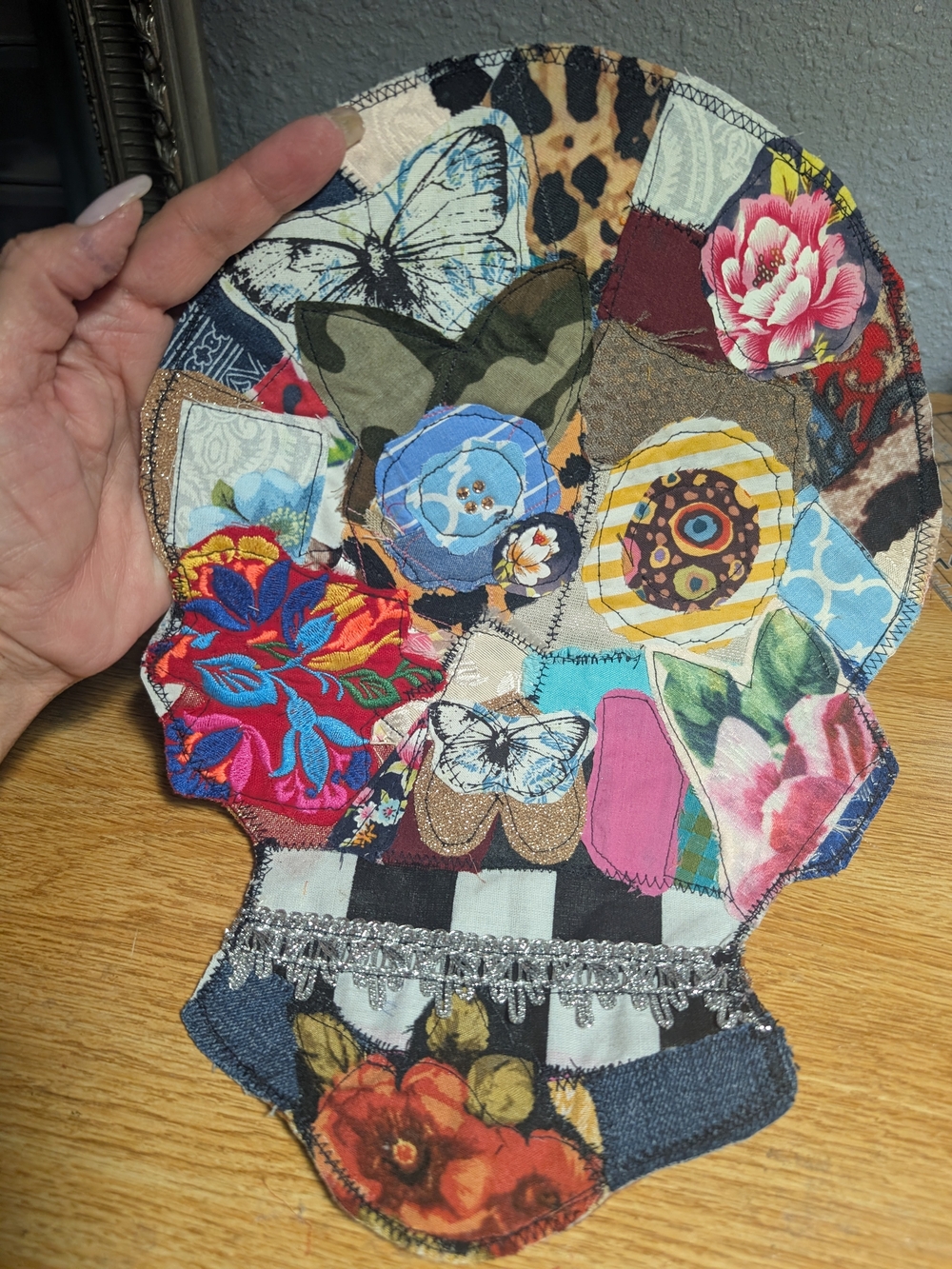 Patchwork Floral Skull Appliqué Accent - Multicolor